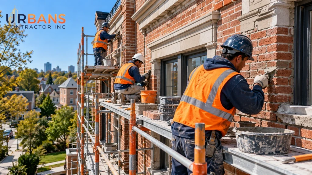 Brick facade restoration in progress on scaffolding in New Jersey