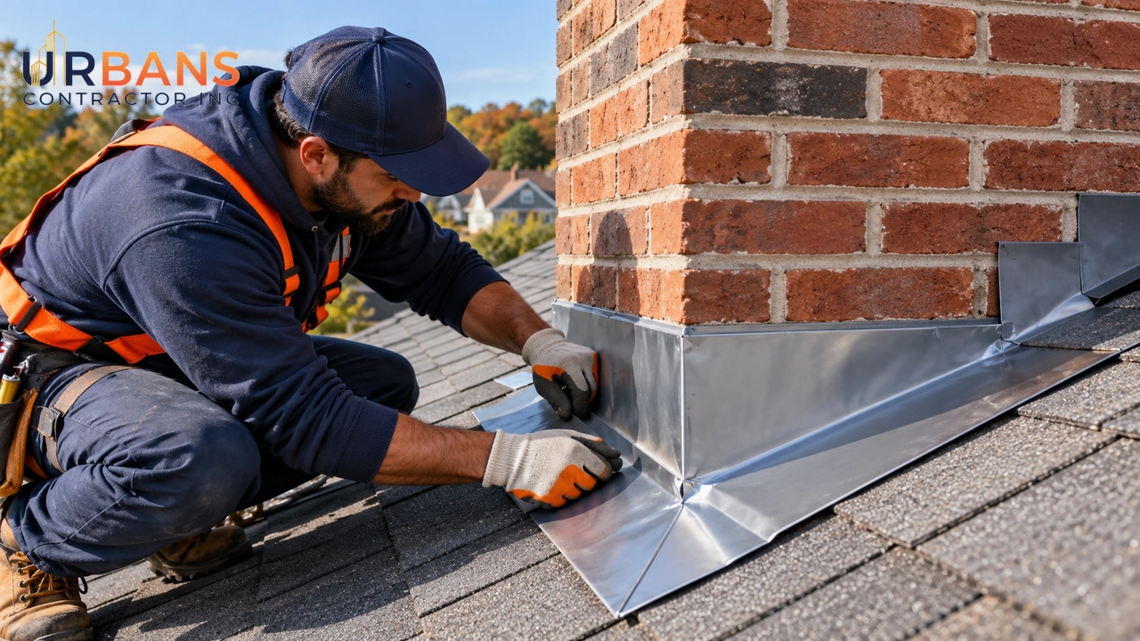 Worker installing metal flashing around a brick chimney on a roof