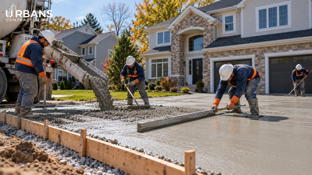 Concrete driveway replacement in Fort Lee NJ — crew pouring a new concrete driveway for a suburban home