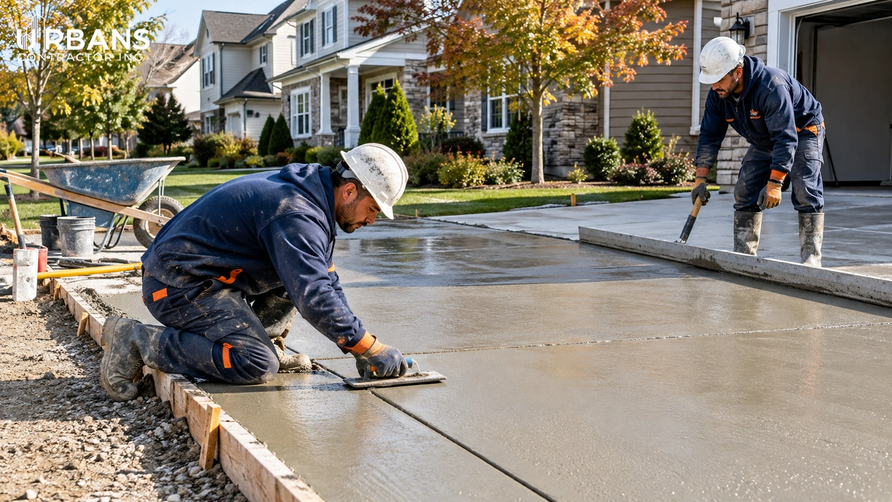 Concrete driveway installation in Fort Lee NJ — workers finishing a fresh concrete pour with control joints