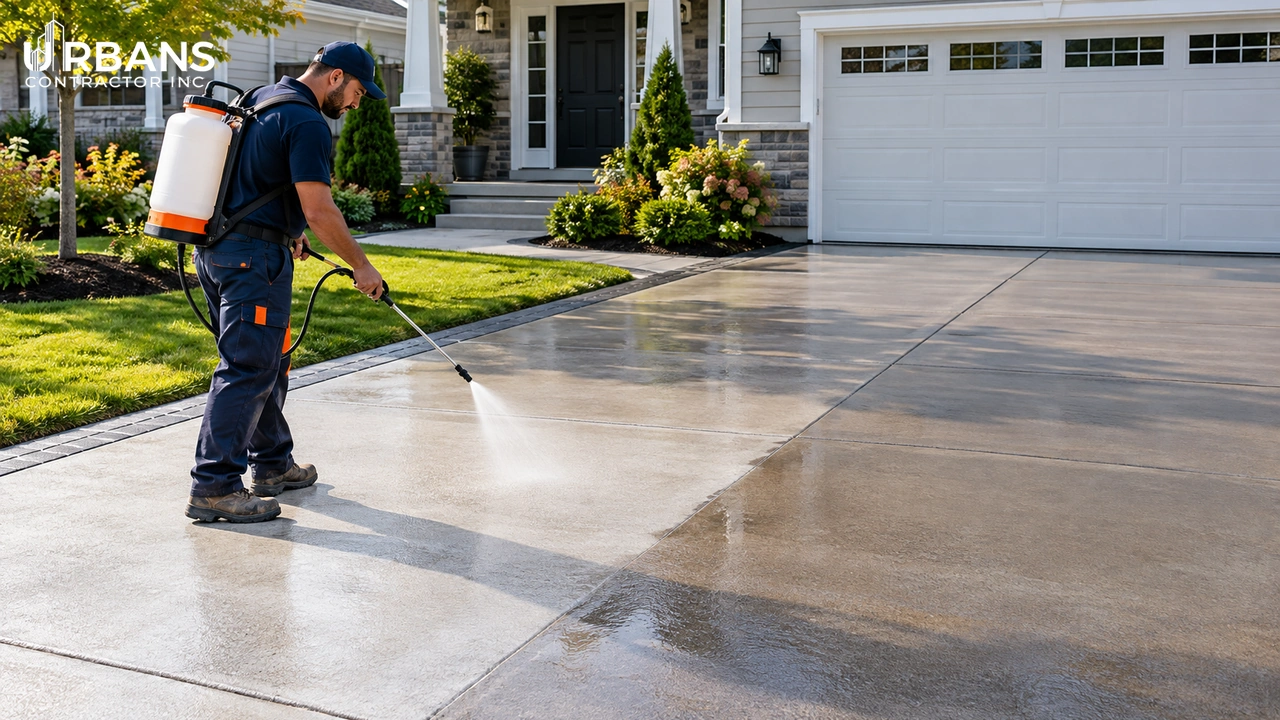 Sealing a new concrete driveway in Fort Lee NJ — worker applying sealer for freeze-thaw protection