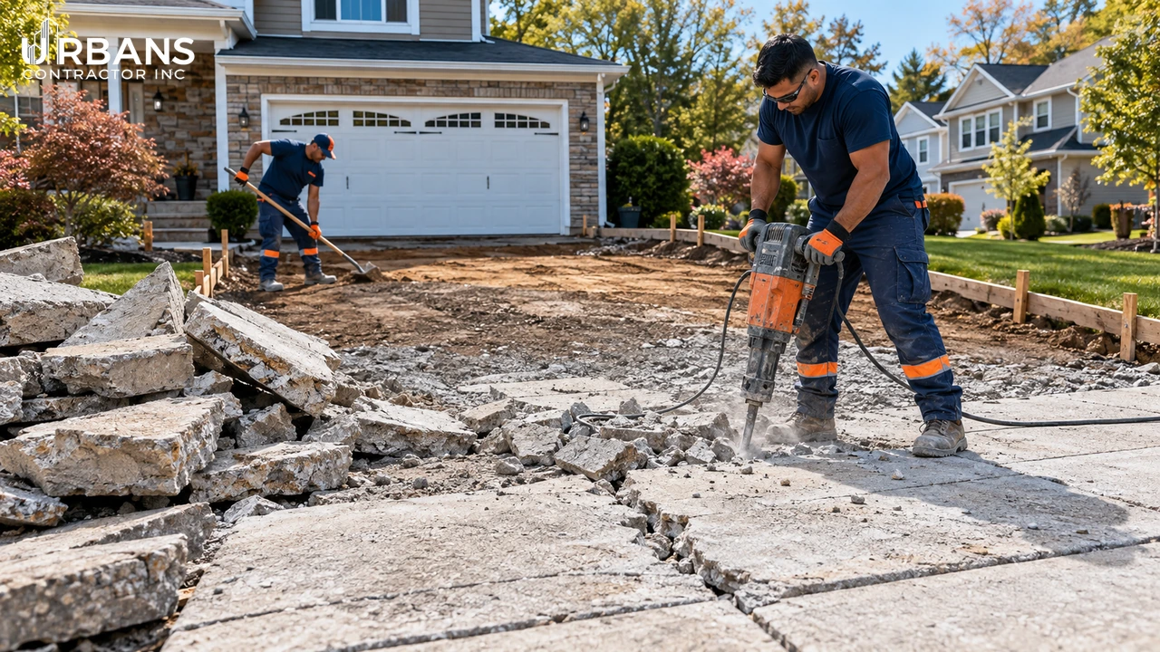 Old cracked concrete driveway being torn out in Fort Lee NJ before a full replacement