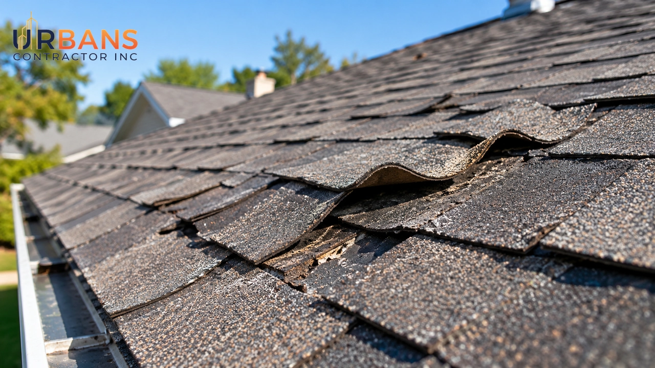 Close-up of damaged, curled asphalt roof shingles needing repair
