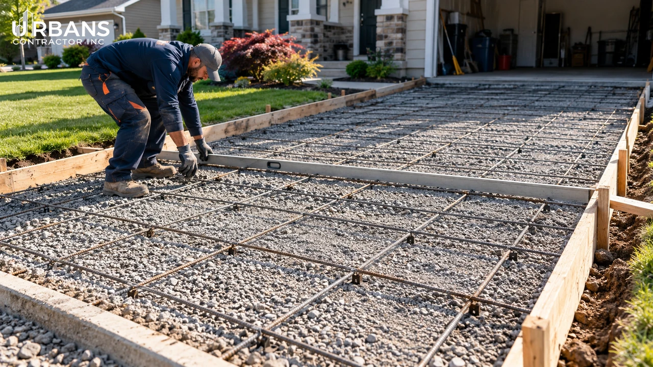 Driveway base preparation in Fort Lee NJ — compacted gravel base with steel reinforcement before the pour