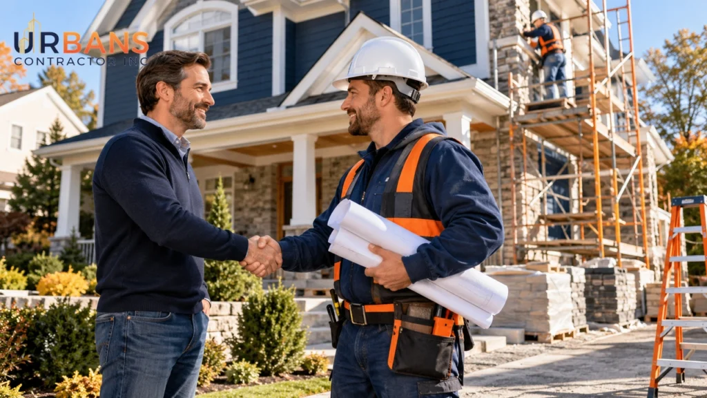 Homeowner shaking hands with a general contractor holding renovation plans in New Jersey