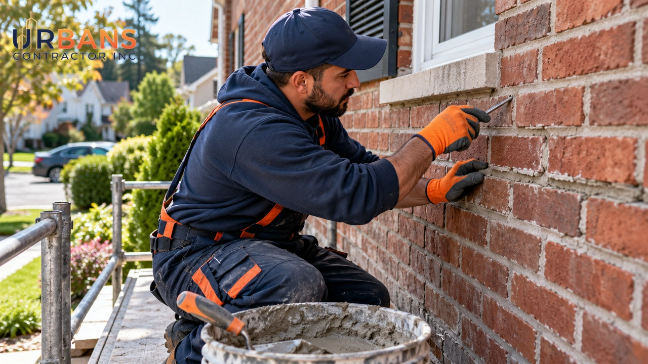 Mason repointing a brick wall of a house in a New Jersey neighborhood