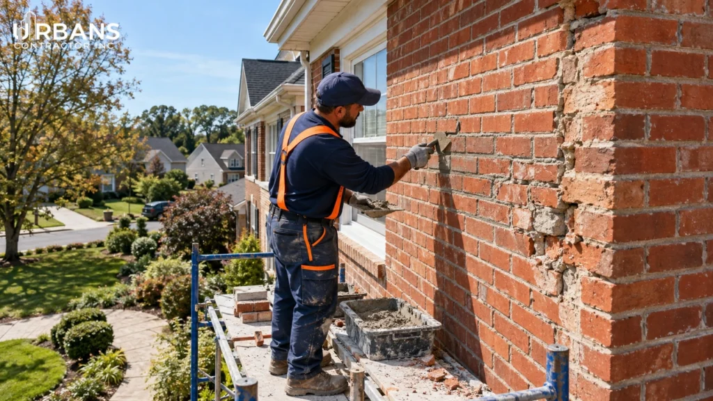 Mason repointing the brick wall of a Saddle Brook NJ home during masonry repair