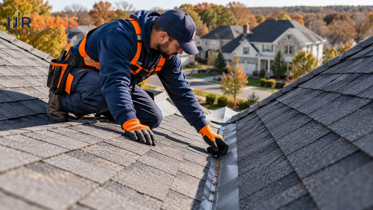 Roofer inspecting a roof valley and shingles during a roof inspection