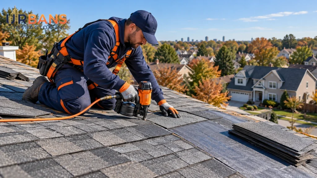 Roofer installing asphalt shingles on a residential roof in New Jersey