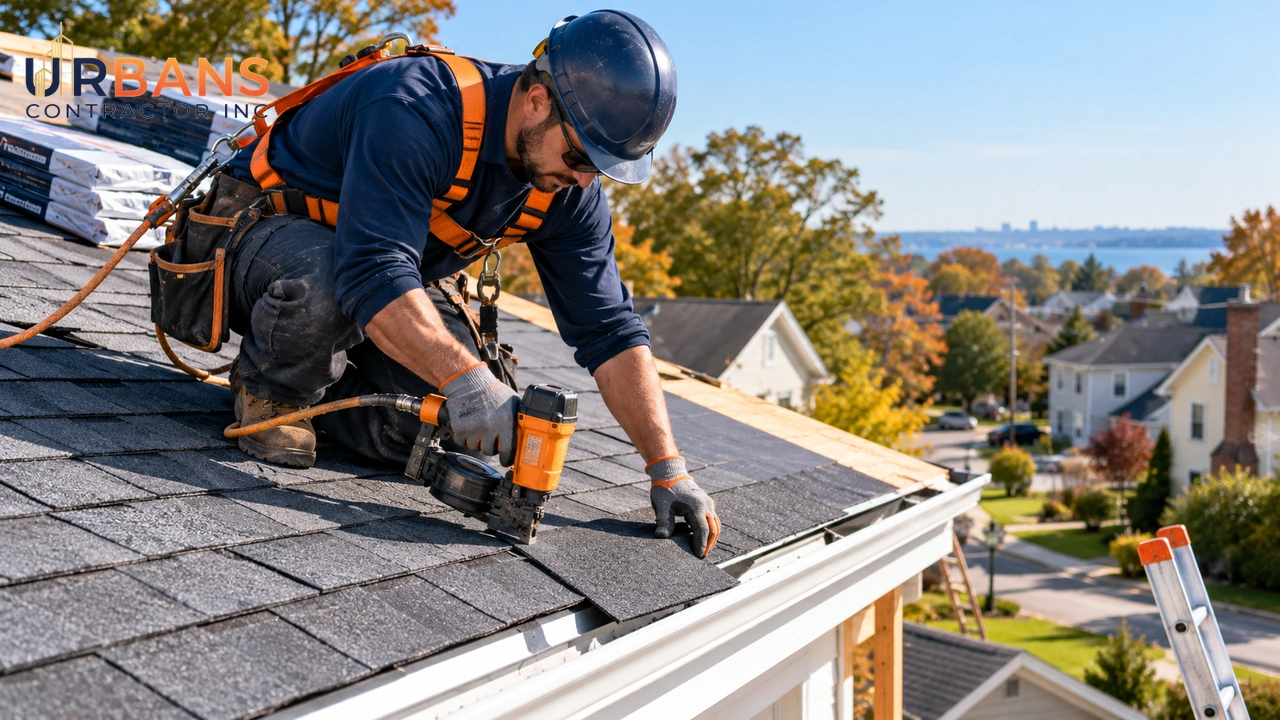 Worker installing shingles near the edge of a residential roof with a safety harness