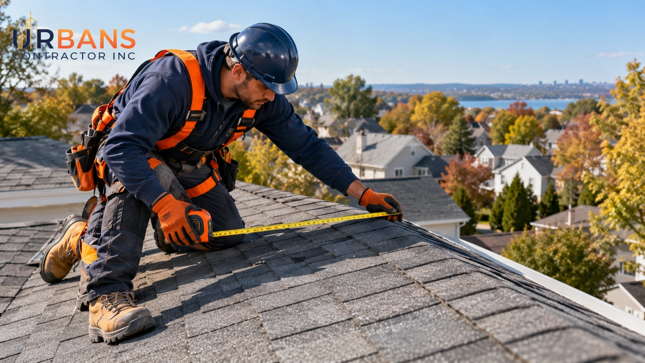 Roofer measuring the dimensions of a residential roof with a tape measure