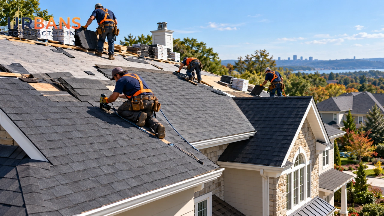 Roofing crew installing a new asphalt shingle roof on a suburban house