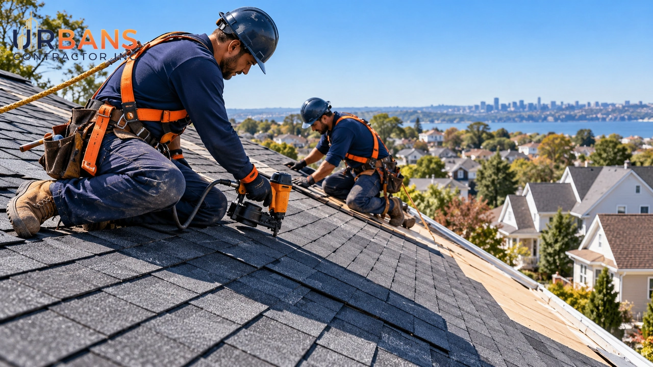 Two roofers with safety harnesses working on a sloped residential roof