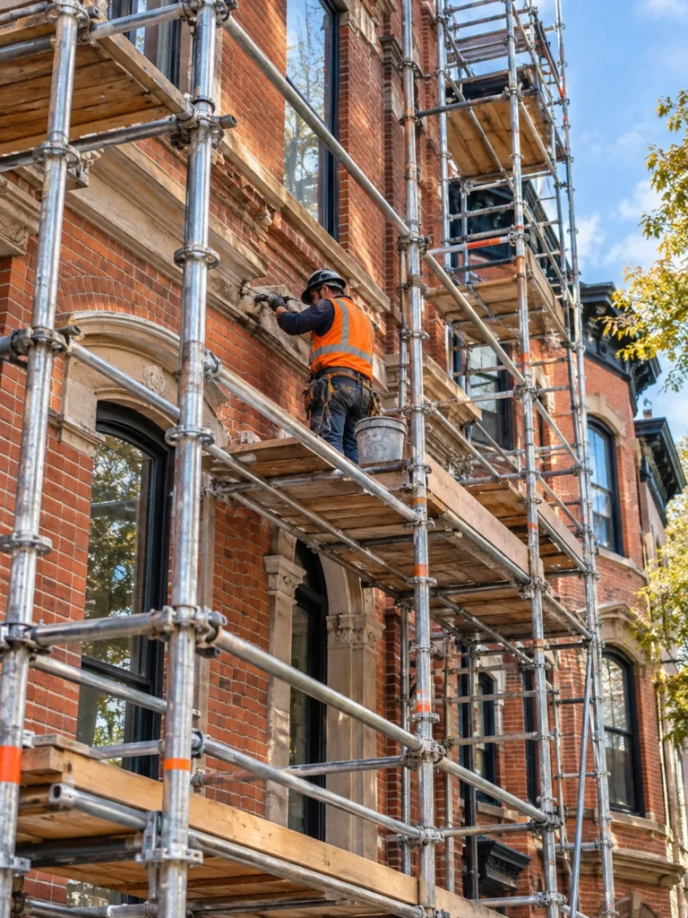 Worker on scaffolding restoring a red brick facade in New Jersey