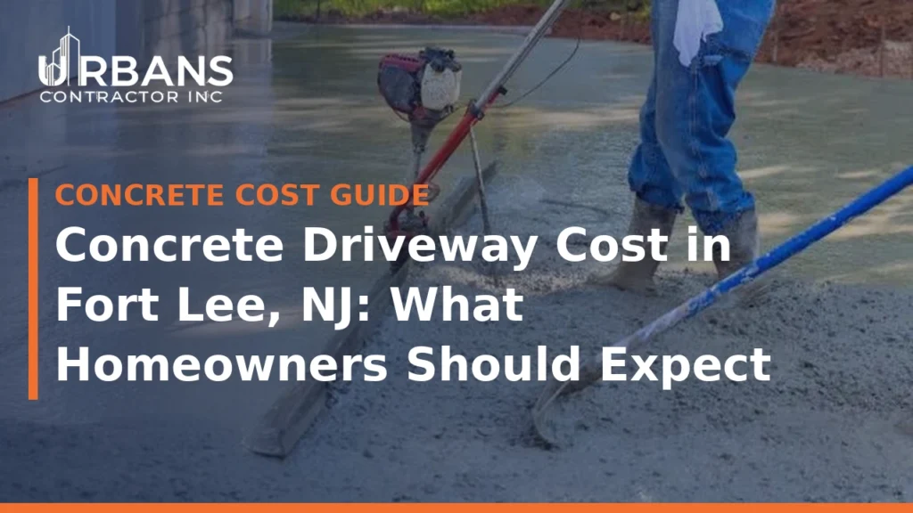 Concrete driveway replacement in progress on a Fort Lee, NJ home — new concrete driveway being poured by concrete contractors