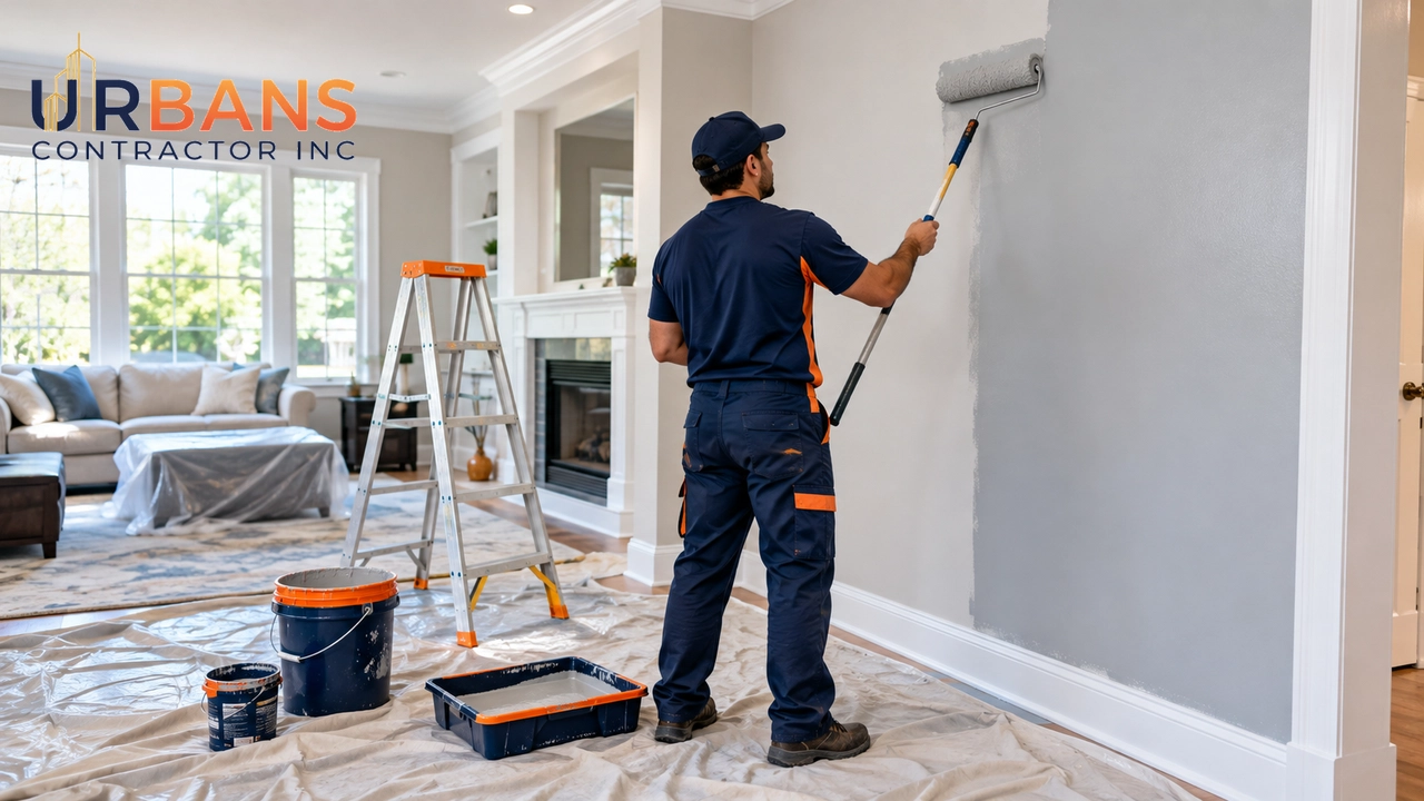 Interior painting in Fair Lawn, NJ — painter rolling fresh paint in a living room